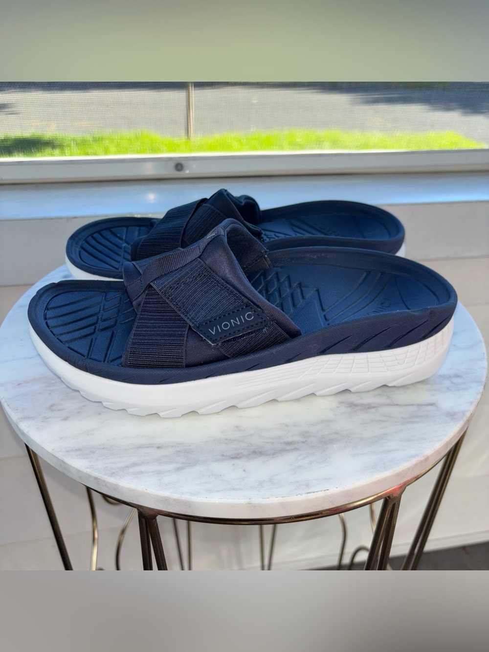 Vionic Rebound Recovery Platform Arch Support Adjustable Navy Slide Sandals 8